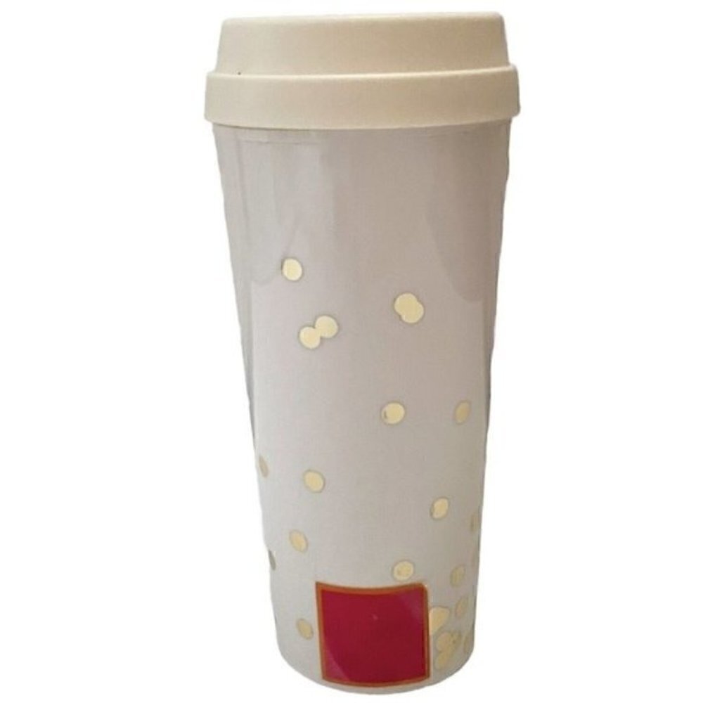 Coquette Y2K Kate Spade Coffee Tumbler Ivory Gold Polka Dots Thermal Mug 16 oz